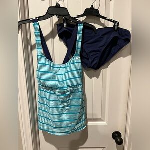 Nike turquoise Blue and White Striped Tankini Swim Set sz xl women’s